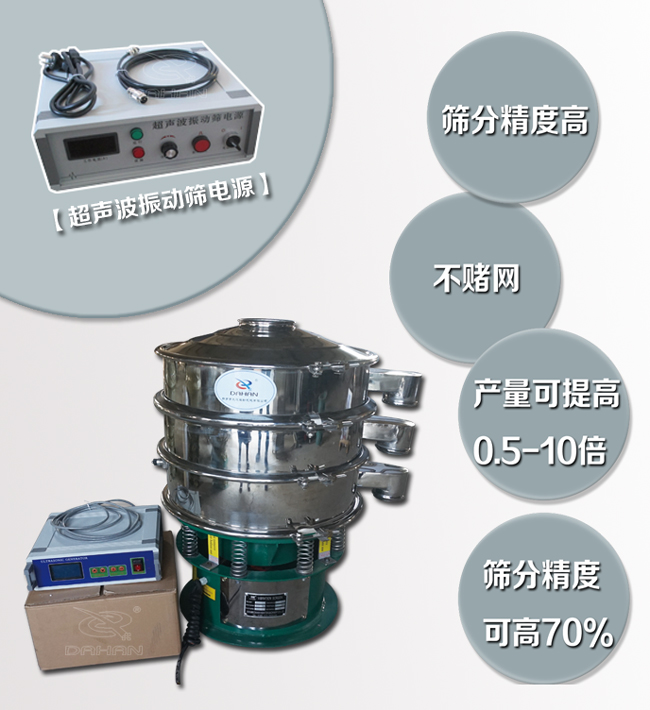 超声波绿巨人成人网站特点：筛分精度高，不堵网，产量可提高0.5-10倍筛分精度可提高70%