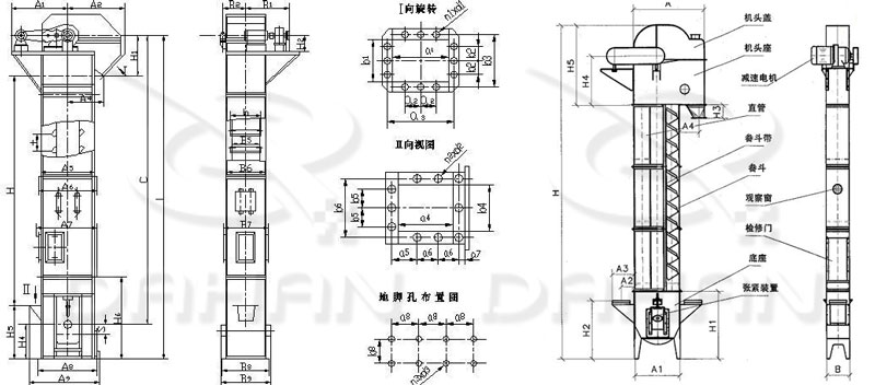 TD/D型斗式提升机基本结构:机头盖，机头座，减速电机，直管，底座，紧张装置等。