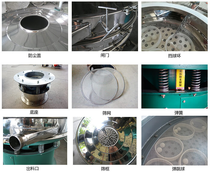 直径600型绿巨人成人网站细节：网架，料斗，筛框，挡球环，防尘盖，闸门，出料口。