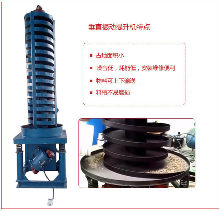 DZC垂直振动提升机主要特点：产品占地面积小，便于工艺布置。物料壳向上输送，亦可向下输送。噪音低，结构简单，安装，维修便利。能耗小，节约电能，料槽磨损小。
