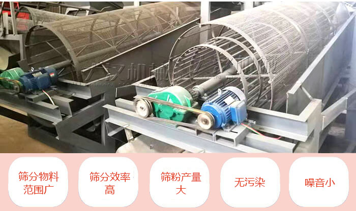 滚筒筛分机主要特点：筛分物料范围广，筛分效率高，筛分产量大，无污染，噪音小。