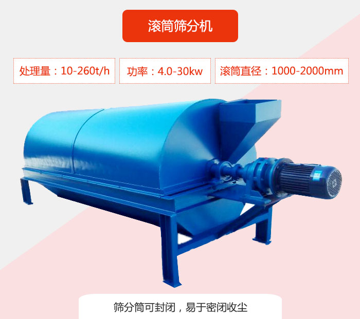 滚筒筛分机：处理能力：10-260t/h  功率：4.0-30kw 滚筒直径：1000-2000mm 筛分筒可封闭，易于密闭收尘
