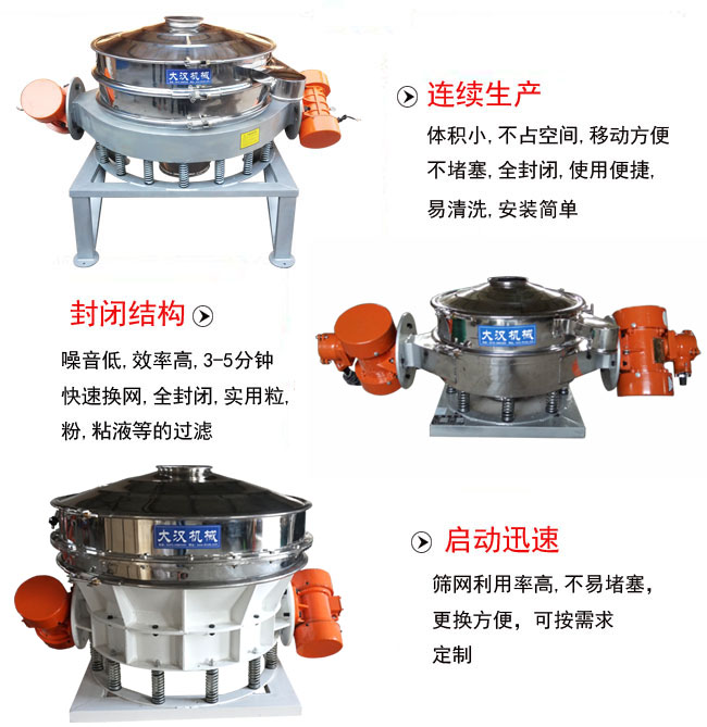 直径1000mm直排筛特点：连续生产：体积小，不占空间，移动方便，不堵塞，全封闭，使用便捷，易清洗，安装简单。封闭结构：噪音低，效率高，3-5分钟，快速换网，全封闭，实用粒，粉粘液等的过滤。启动迅速：筛网利用率高，不易堵塞，更换方便，可按需求定制。