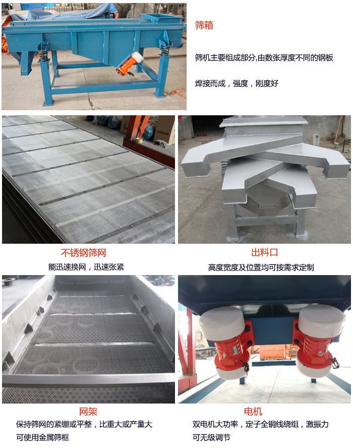 520型直线绿巨人成人网站结构：筛箱：筛机主要组成部分，由数张厚度不同的钢板焊制而成，强度，刚度好。不锈钢筛网：能迅速换网，迅速张紧。电机：双电机大功率，定子全铜线绕组，激振力可无极调节。网架：保持筛网的紧绷和平整，比重大或产量大时可使用金属筛框。出料口：高度宽度及位置均可按照用户的要求来定制。