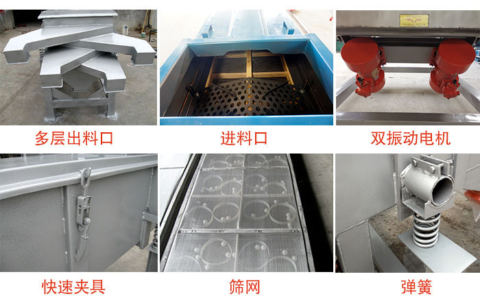 多层直线绿巨人成人网站出料口，筛网，弹簧，快速夹具，振动电机等