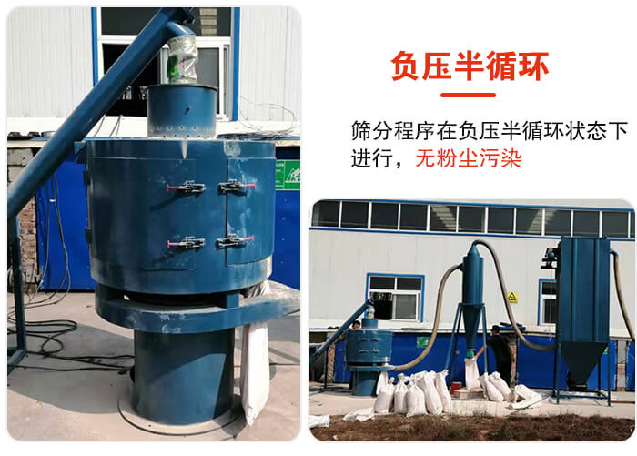 气流筛负压半循环，筛分程序在负压版循环状态下进行，无粉尘污染。
