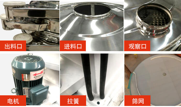 摇摆筛细节展示：出料口，进料口，观察口，电机，拉簧，筛网等。
