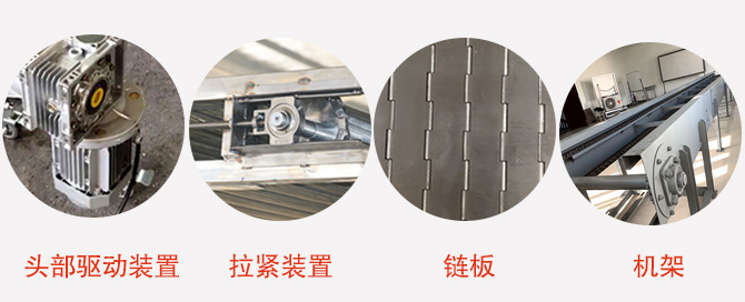 链板输送机结构：头部驱动装置，拉紧装置，链板，机架等图片展示
